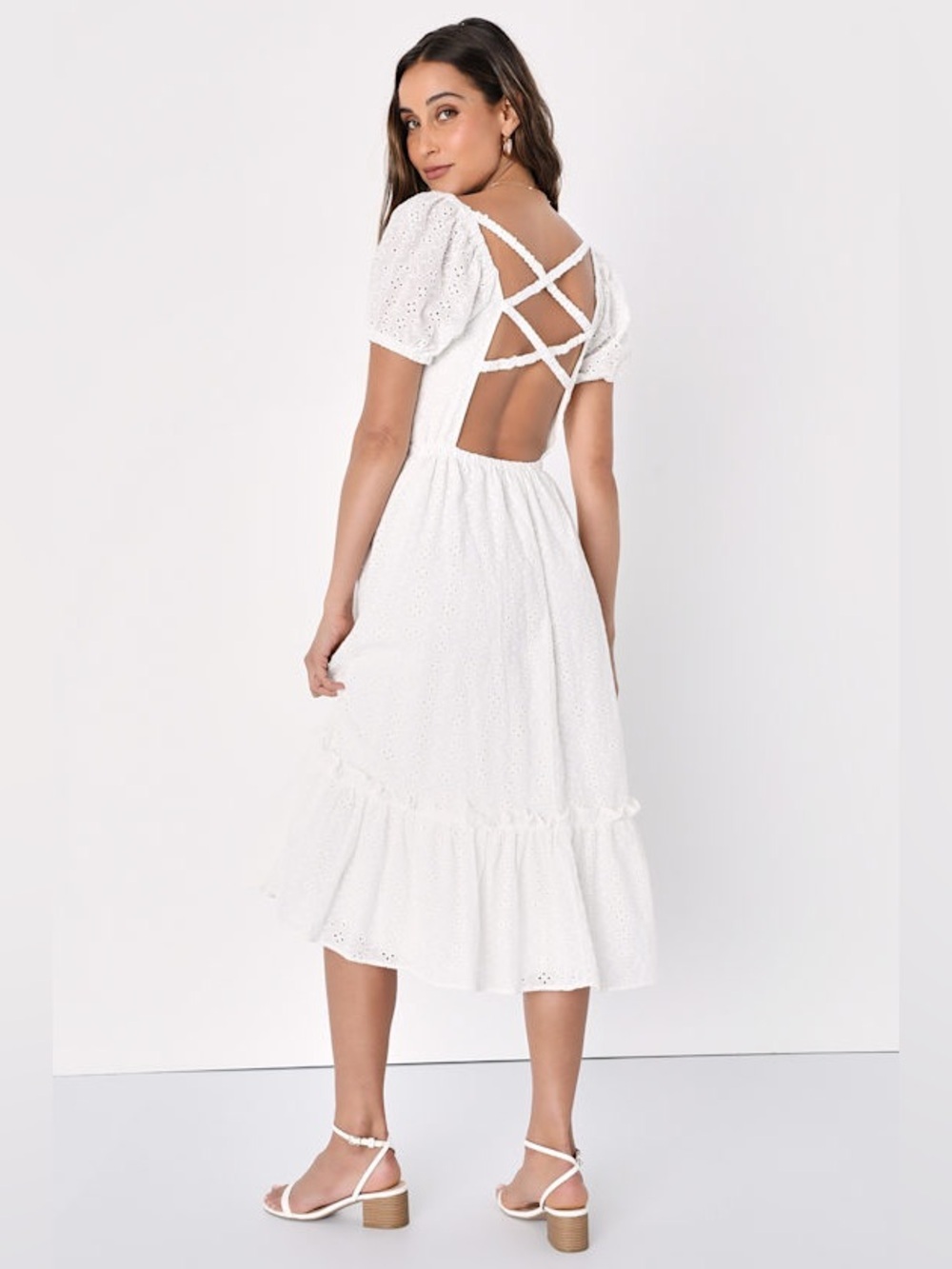 Lulu's White Eyelet Midi Dress with Puff Sleeves - Picture 9 of 9